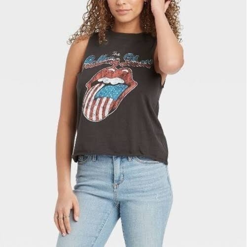 Rolling Stones Womens Muscle Tank Top Black Distressed American Flag Tongue M